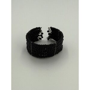 Vintage Black Beaded Cuff Bracelet Wide Statement Open Back